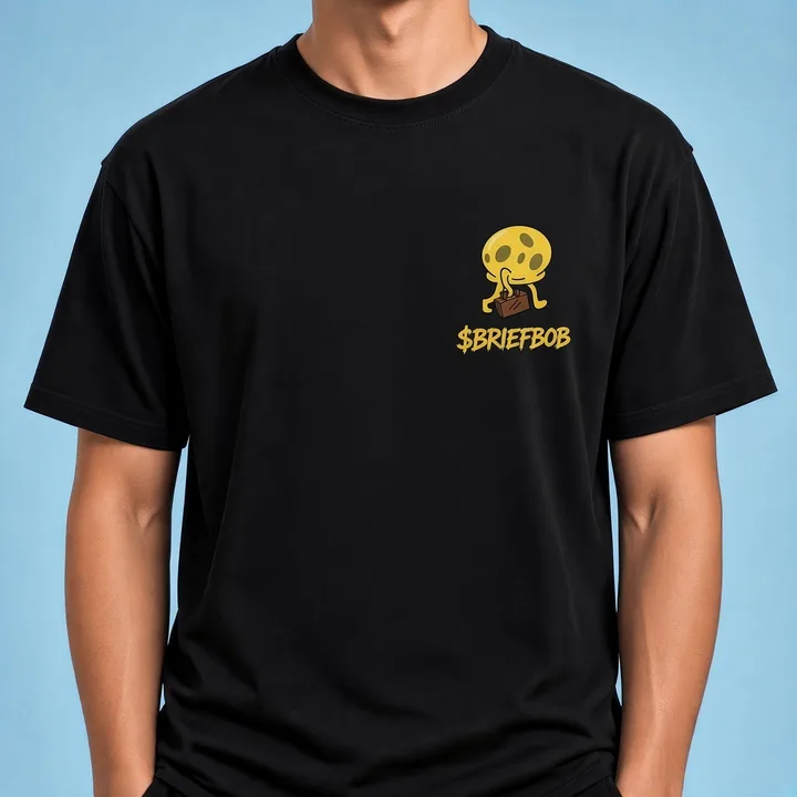 Yellow BriefBob with a brown briefcase small logo on the $BRIEFBOB tee