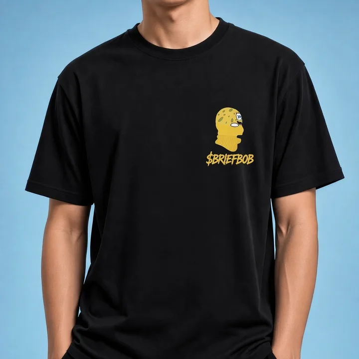 Yellow BB ski mask small logo on the $BRIEFBOB tee